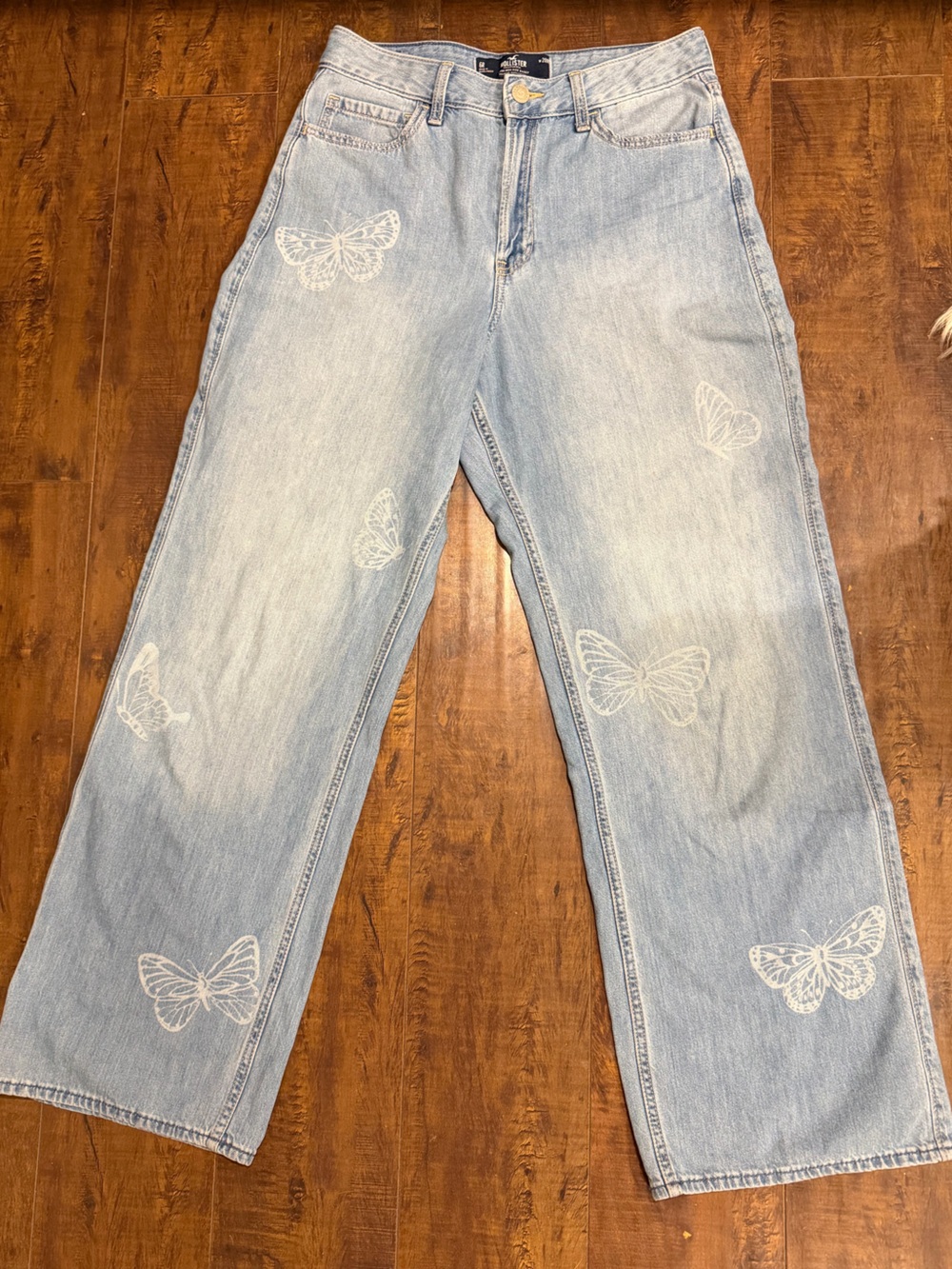 Hollister Light Blue Straight Leg Jeans with White Butterfly Motif